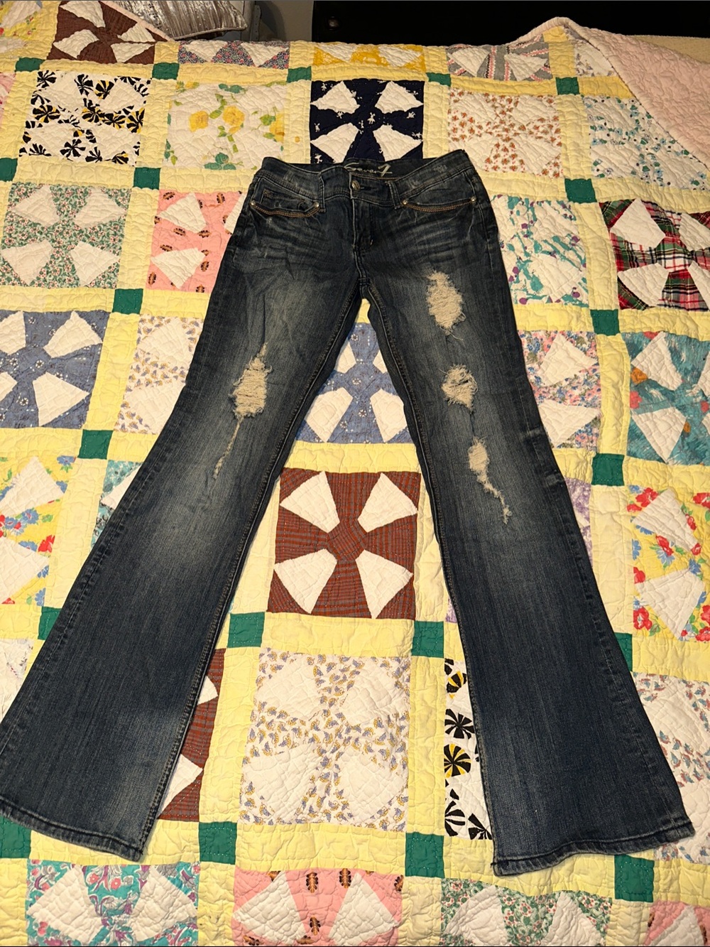 Seven7 Dark Blue Distressed Flare Jeans